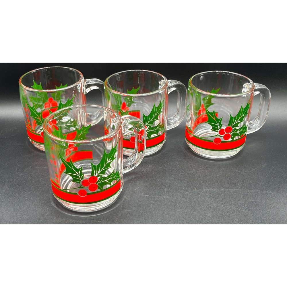 Vtg Libbey Christmas Holly Berry Glass Mugs Set of 4 Red Green Clear Coffee Cups